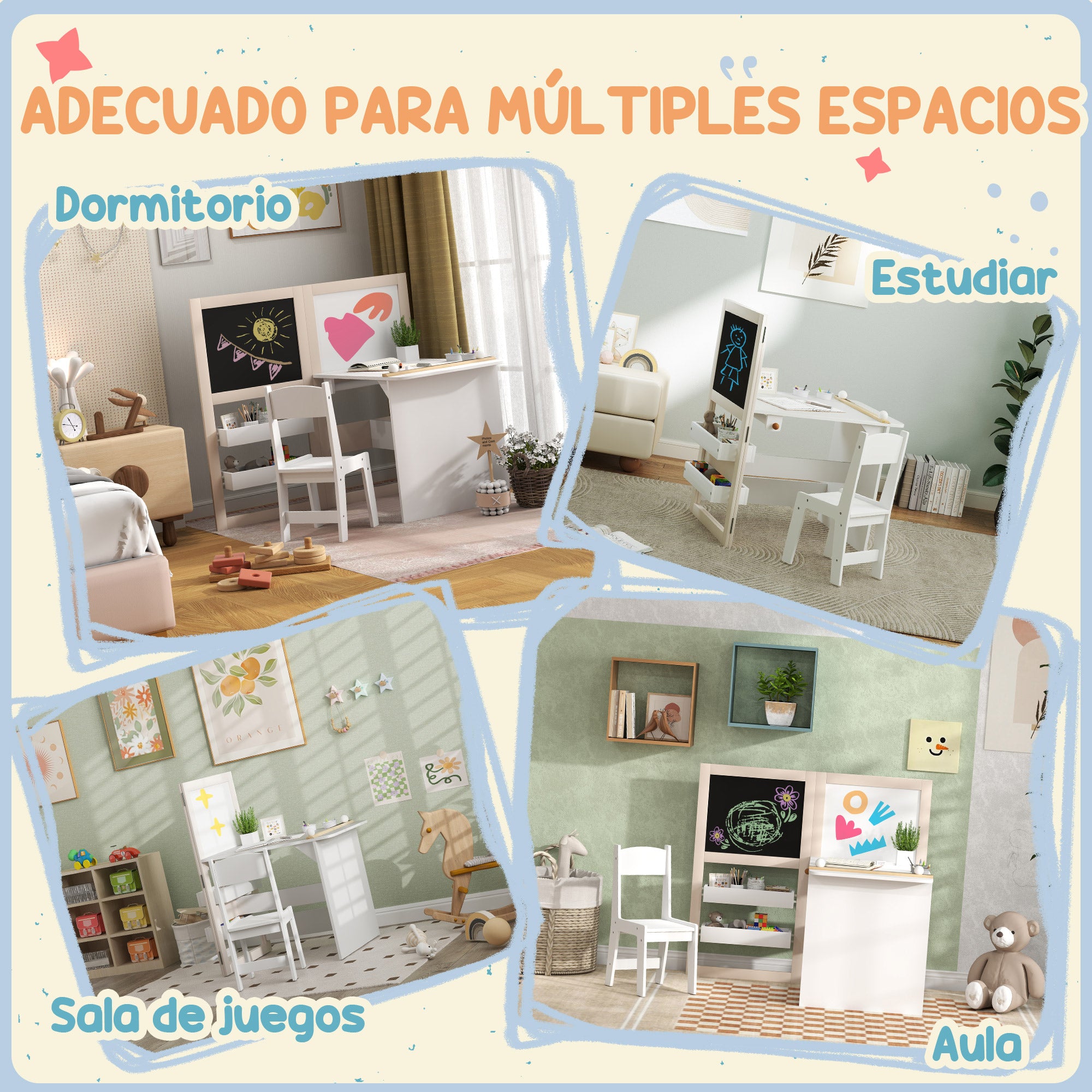 2-Piece Children's Desk and Chair Set Kids Table with Chair and Folding Easel Table for Children +3 Years with Shelves and Paper Roll for Bedroom Playroom White
