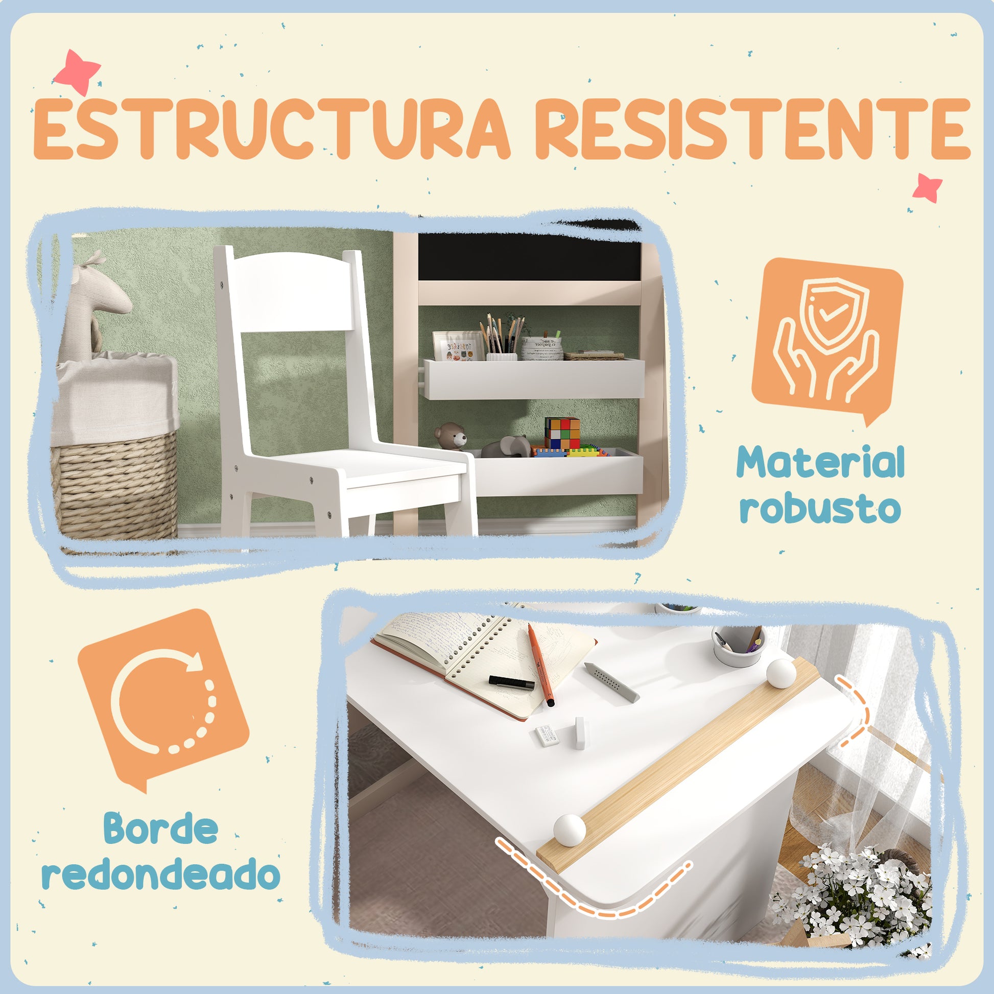 2-Piece Children's Desk and Chair Set Kids Table with Chair and Folding Easel Table for Children +3 Years with Shelves and Paper Roll for Bedroom Playroom White