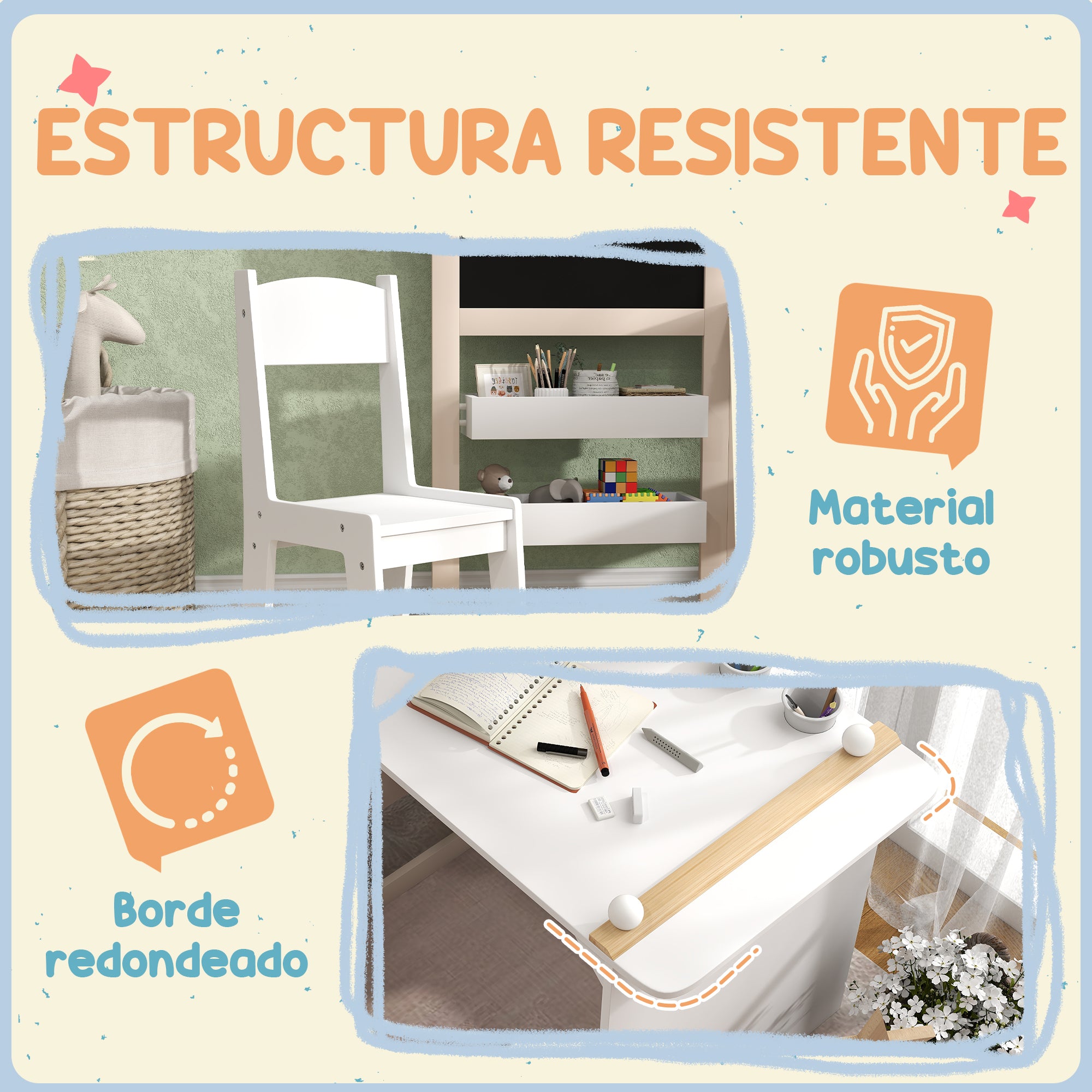 2-Piece Children's Desk and Chair Set Kids Table with Chair and Folding Easel Table for Children +3 Years with Shelves and Paper Roll for Bedroom Playroom White