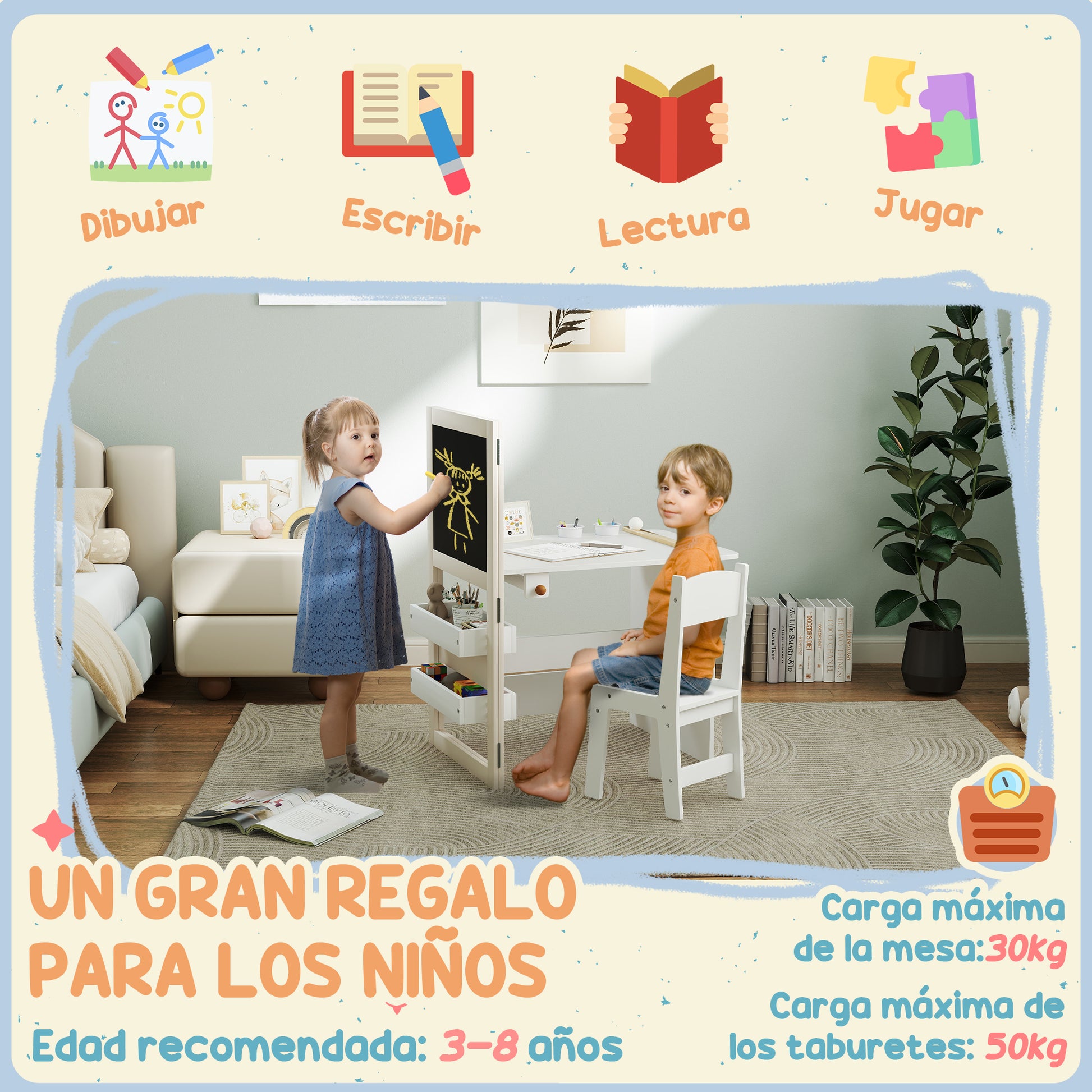 2-Piece Children's Desk and Chair Set Kids Table with Chair and Folding Easel Table for Children +3 Years with Shelves and Paper Roll for Bedroom Playroom White