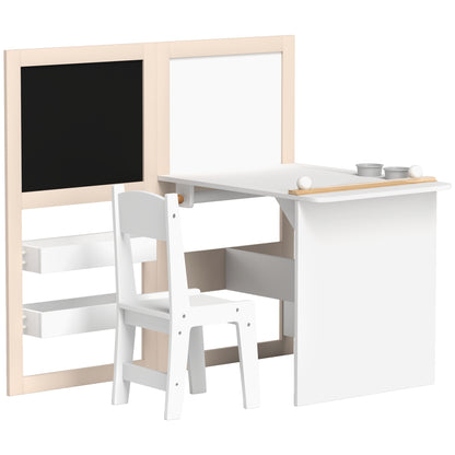 2-Piece Children's Desk and Chair Set Kids Table with Chair and Folding Easel Table for Children +3 Years with Shelves and Paper Roll for Bedroom Playroom White