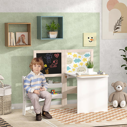 2-Piece Children's Desk and Chair Set Kids Table with Chair and Folding Easel Table for Children +3 Years with Shelves and Paper Roll for Bedroom Playroom White