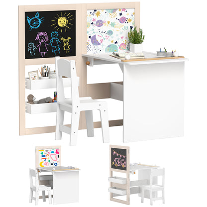 2-Piece Children's Desk and Chair Set Kids Table with Chair and Folding Easel Table for Children +3 Years with Shelves and Paper Roll for Bedroom Playroom White