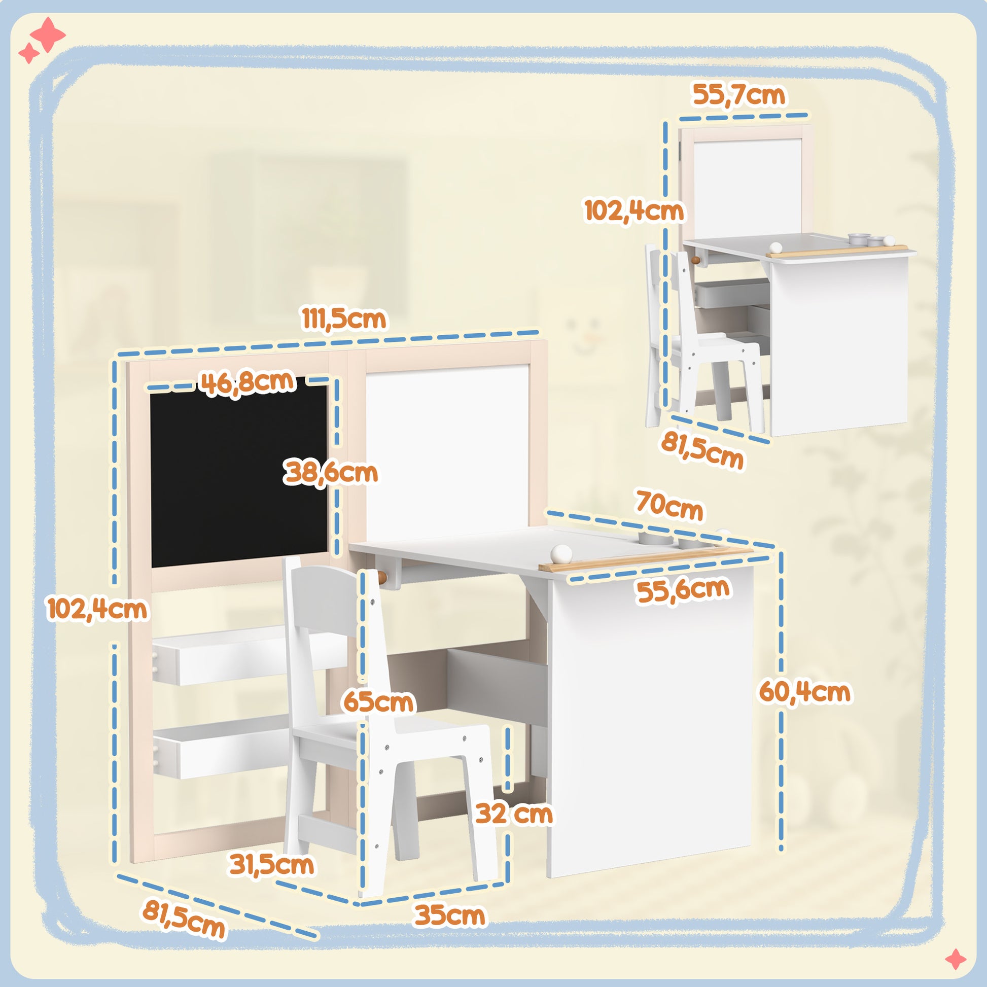 2-Piece Children's Desk and Chair Set Kids Table with Chair and Folding Easel Table for Children +3 Years with Shelves and Paper Roll for Bedroom Playroom White