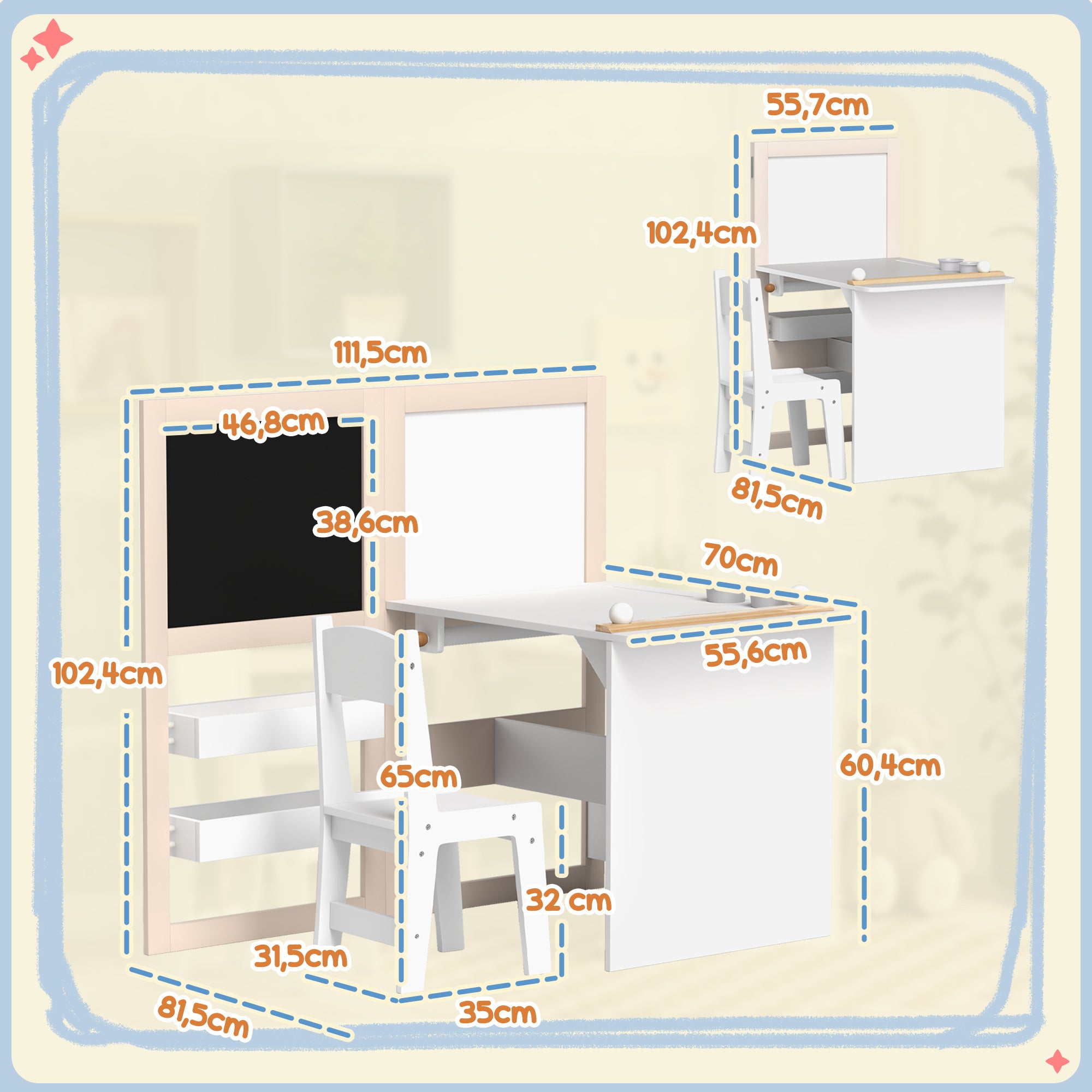 2-Piece Children's Desk and Chair Set Kids Table with Chair and Folding Easel Table for Children +3 Years with Shelves and Paper Roll for Bedroom Playroom White