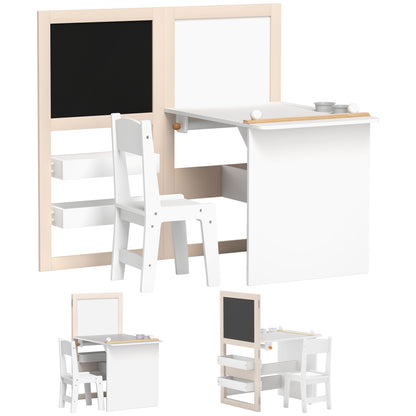 2-Piece Children's Desk and Chair Set Kids Table with Chair and Folding Easel Table for Children +3 Years with Shelves and Paper Roll for Bedroom Playroom White
