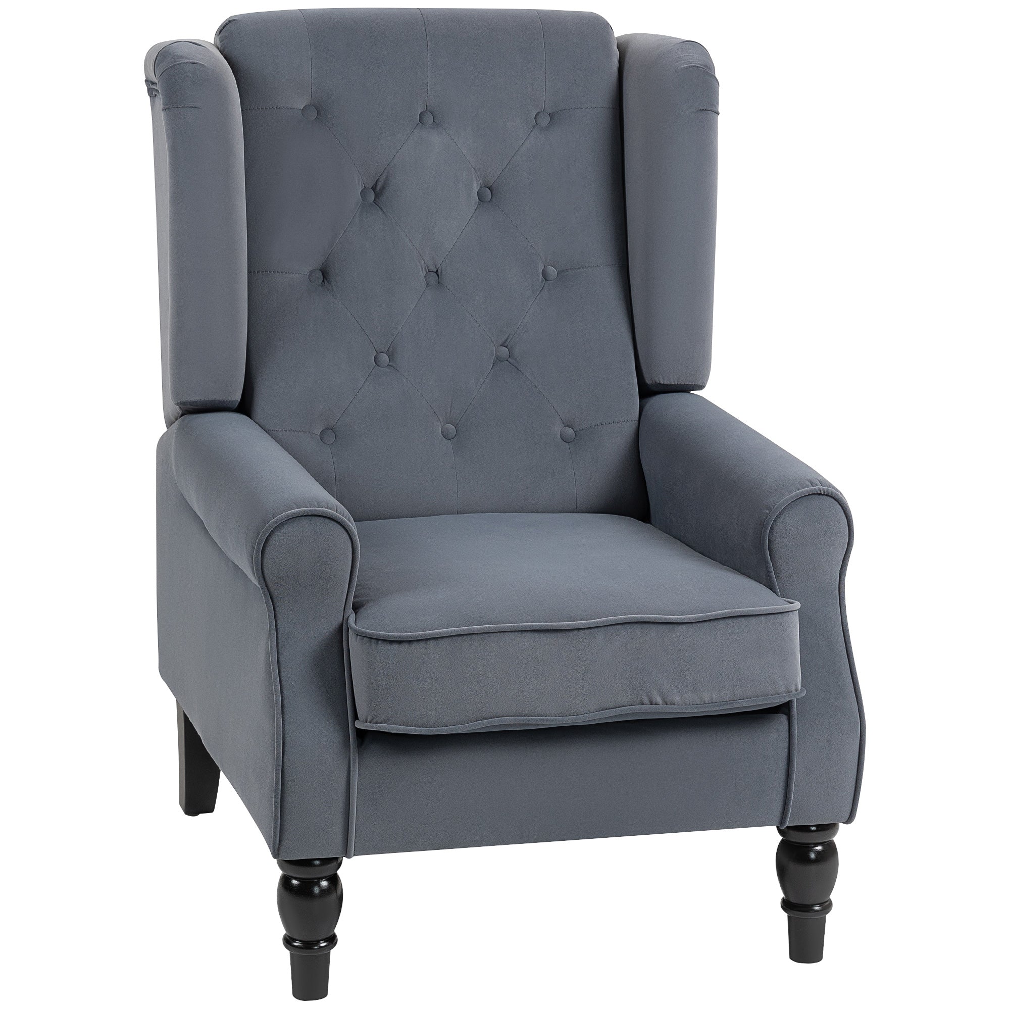 Wingback Armchair with Armrests, Tufted Lounge Chair with Cushion, High Back Velvet-Look Accent Chair with Wooden Legs, Gray