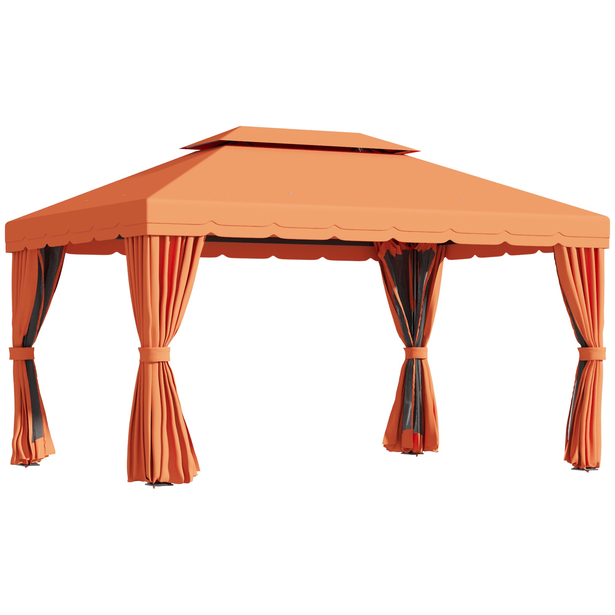 Garden Gazebo 4x3 m with Mosquito Net and Sunshade Curtains, Double Roof Outdoor Gazebo with Anti-UV Polyester Cover and Aluminum Alloy Frame, Orange