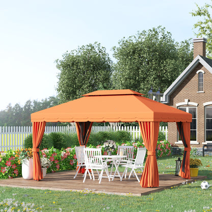 Garden Gazebo 4x3 m with Mosquito Net and Sunshade Curtains, Double Roof Outdoor Gazebo with Anti-UV Polyester Cover and Aluminum Alloy Frame, Orange