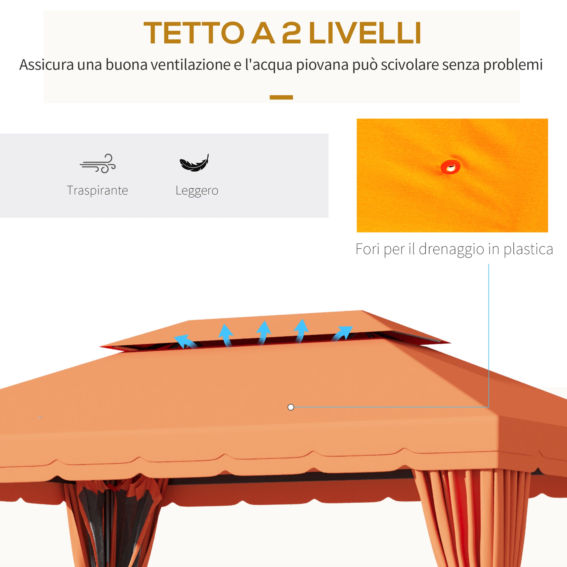Garden Gazebo 4x3 m with Mosquito Net and Sunshade Curtains, Double Roof Outdoor Gazebo with Anti-UV Polyester Cover and Aluminum Alloy Frame, Orange