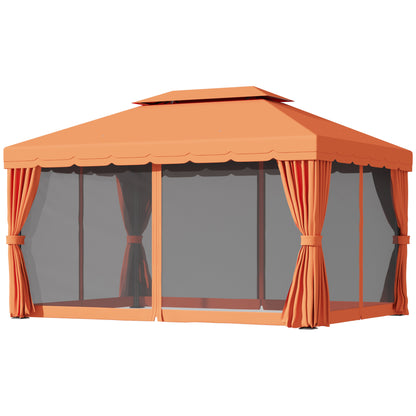 Garden Gazebo 4x3 m with Mosquito Net and Sunshade Curtains, Double Roof Outdoor Gazebo with Anti-UV Polyester Cover and Aluminum Alloy Frame, Orange