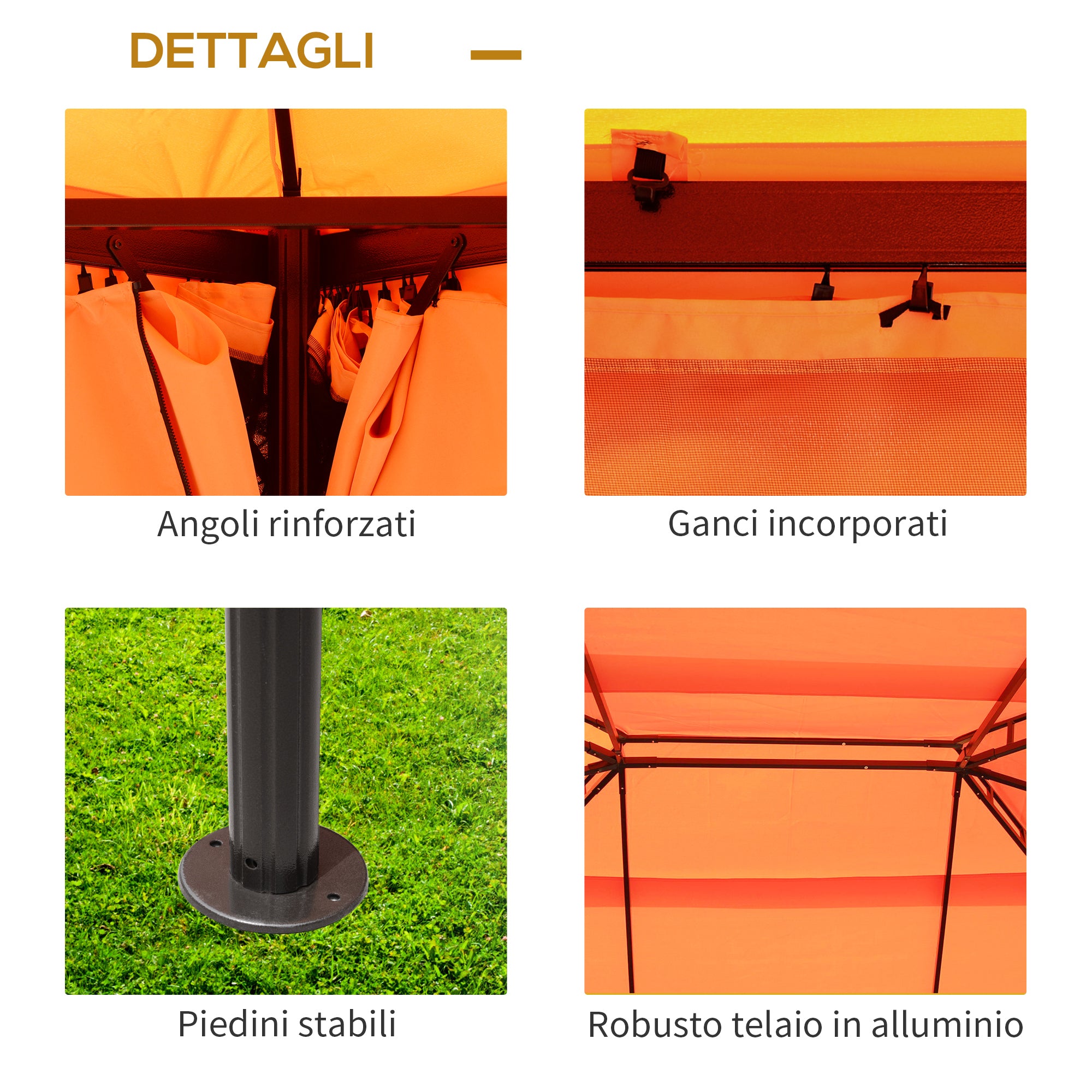 Garden Gazebo 4x3 m with Mosquito Net and Sunshade Curtains, Double Roof Outdoor Gazebo with Anti-UV Polyester Cover and Aluminum Alloy Frame, Orange