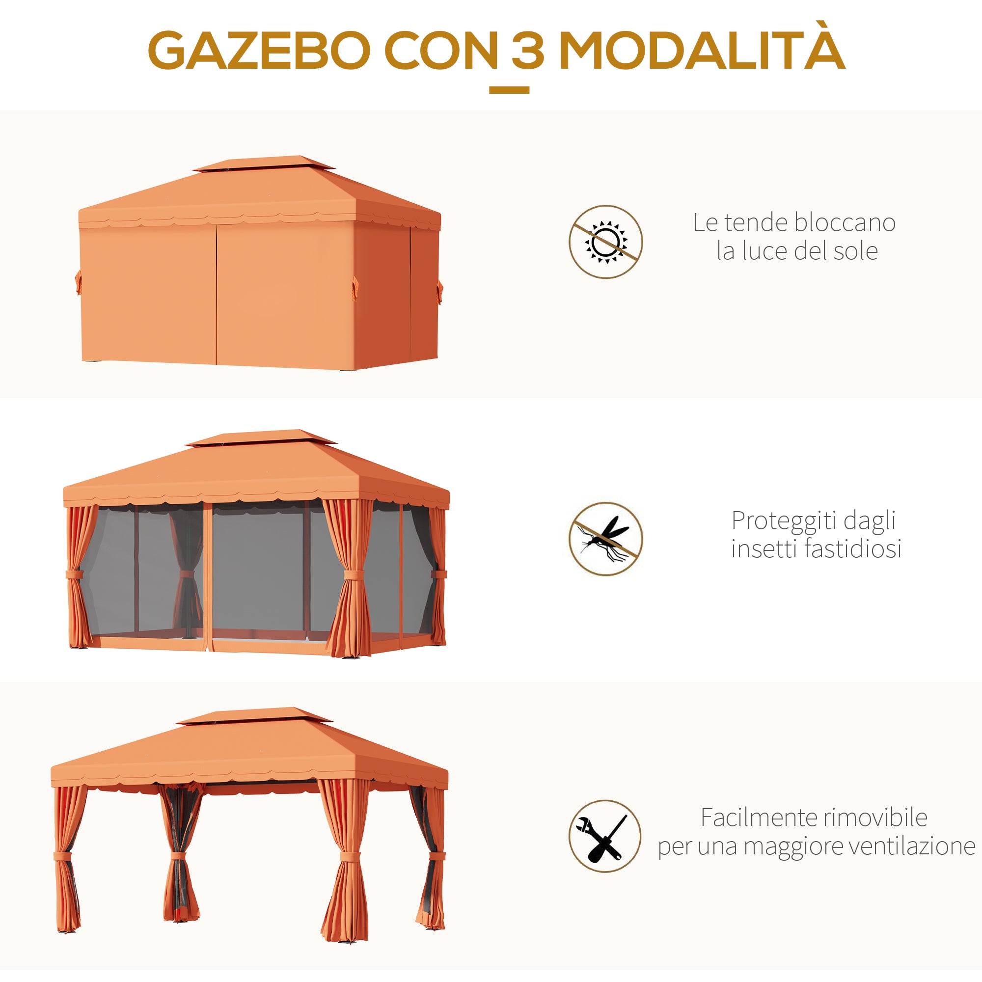 Garden Gazebo 4x3 m with Mosquito Net and Sunshade Curtains, Double Roof Outdoor Gazebo with Anti-UV Polyester Cover and Aluminum Alloy Frame, Orange