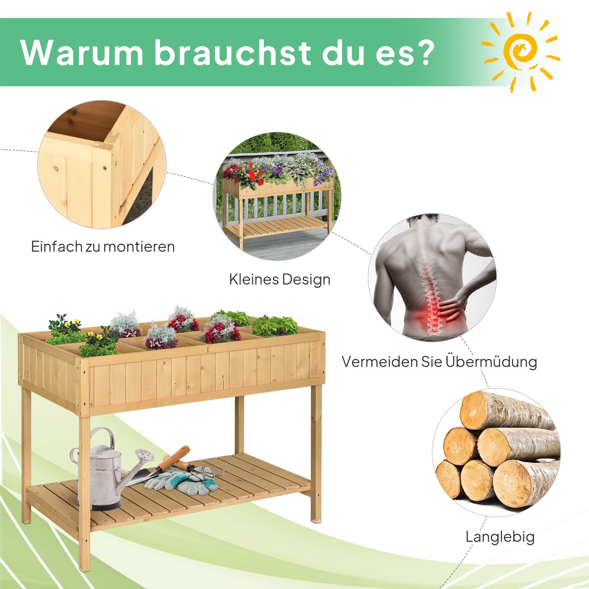 Planting Table Raised Garden Bed Planter Box Seedling Table 8 Compartments Drainage Shelf Solid Pine Natural Wood 43.3 x 18.1 x 29.9 inches
