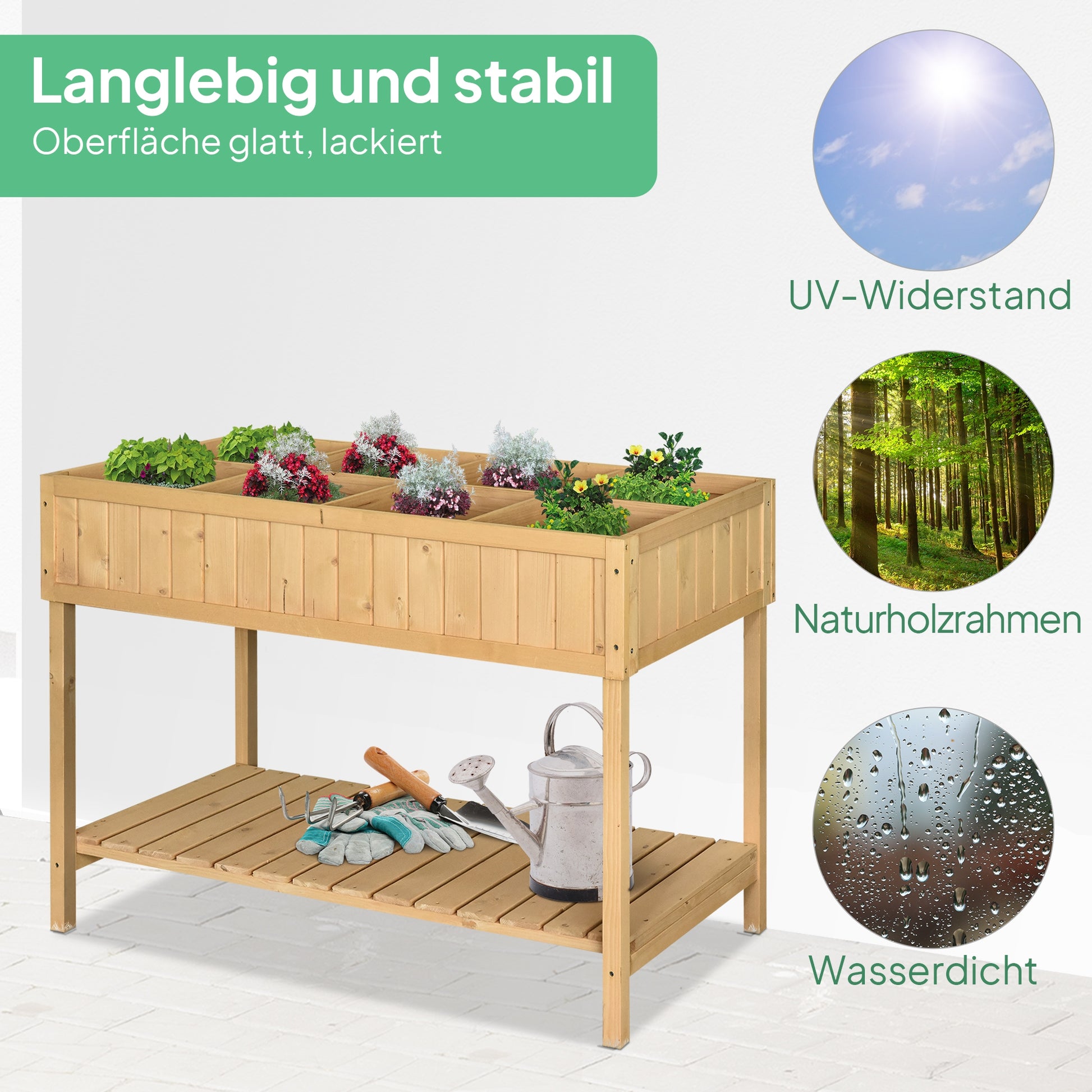 Planting Table Raised Garden Bed Planter Box Seedling Table 8 Compartments Drainage Shelf Solid Pine Natural Wood 43.3 x 18.1 x 29.9 inches
