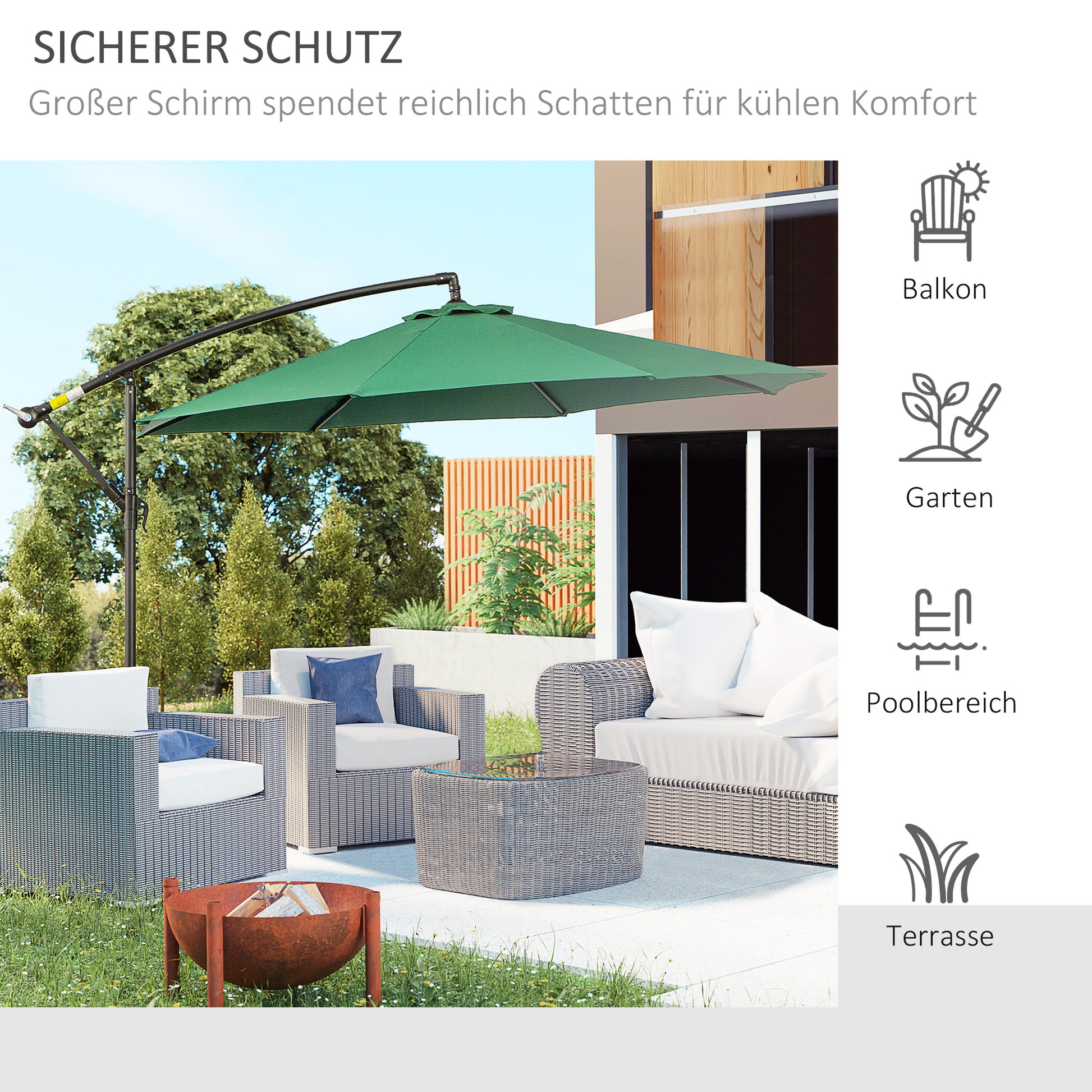 Cantilever Umbrella Ø300 cm Adjustable Sun Protection Umbrella with UV Protection Crank Umbrella with Stand, Crank Mechanism, Market Umbrella Garden Umbrella Sun Protection for Balcony Garden Terrace Green
