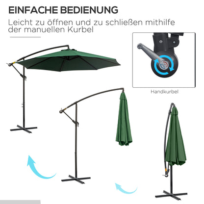 Cantilever Umbrella Ø300 cm Adjustable Sun Protection Umbrella with UV Protection Crank Umbrella with Stand, Crank Mechanism, Market Umbrella Garden Umbrella Sun Protection for Balcony Garden Terrace Green