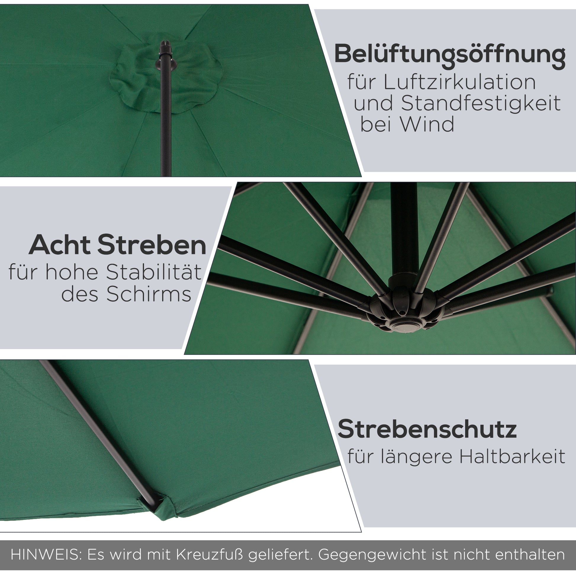 Cantilever Umbrella Ø300 cm Adjustable Sun Protection Umbrella with UV Protection Crank Umbrella with Stand, Crank Mechanism, Market Umbrella Garden Umbrella Sun Protection for Balcony Garden Terrace Green