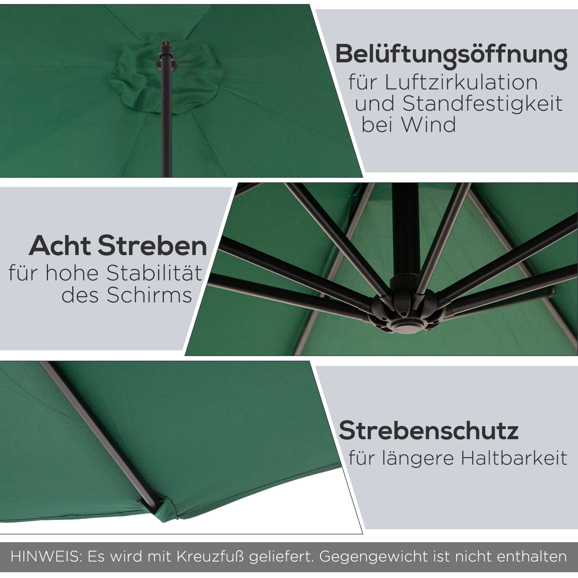 Cantilever Umbrella Ø300 cm Adjustable Sun Protection Umbrella with UV Protection Crank Umbrella with Stand, Crank Mechanism, Market Umbrella Garden Umbrella Sun Protection for Balcony Garden Terrace Green