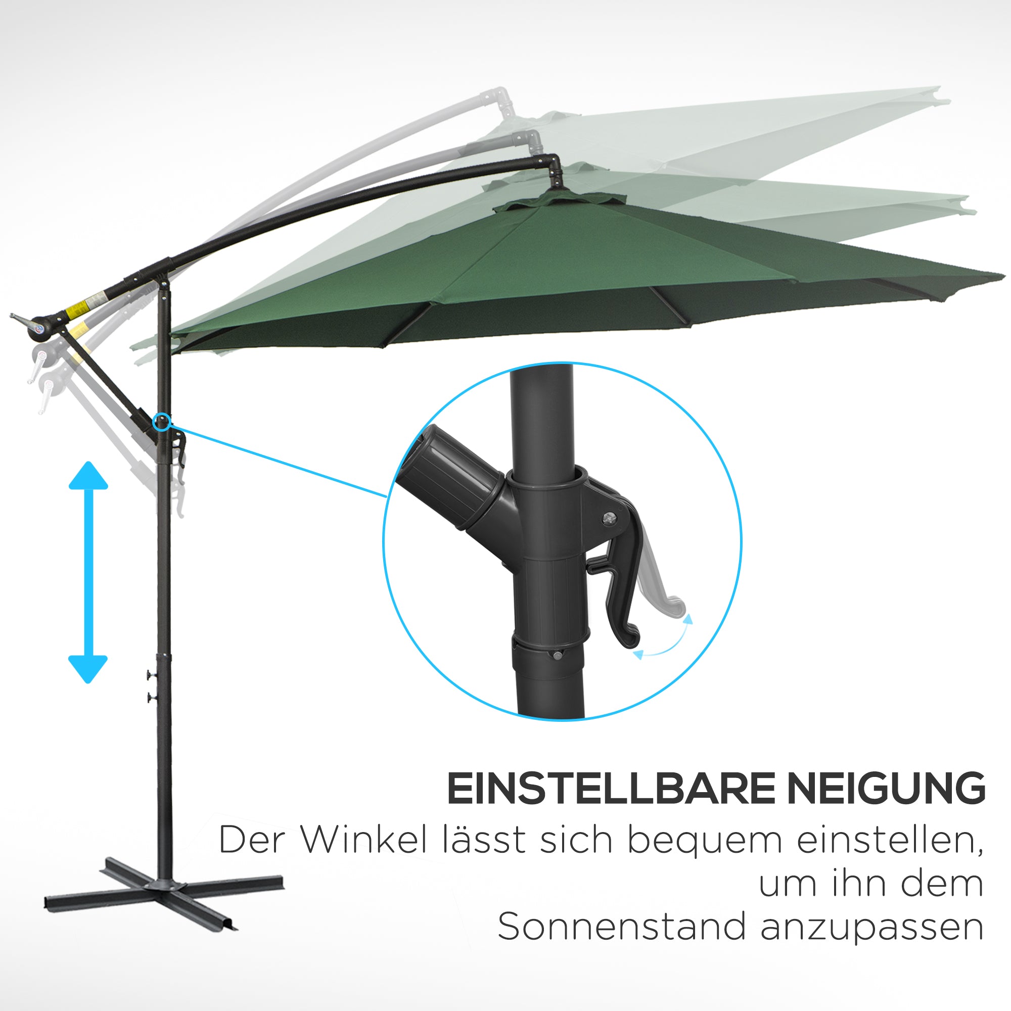 Cantilever Umbrella Ø300 cm Adjustable Sun Protection Umbrella with UV Protection Crank Umbrella with Stand, Crank Mechanism, Market Umbrella Garden Umbrella Sun Protection for Balcony Garden Terrace Green