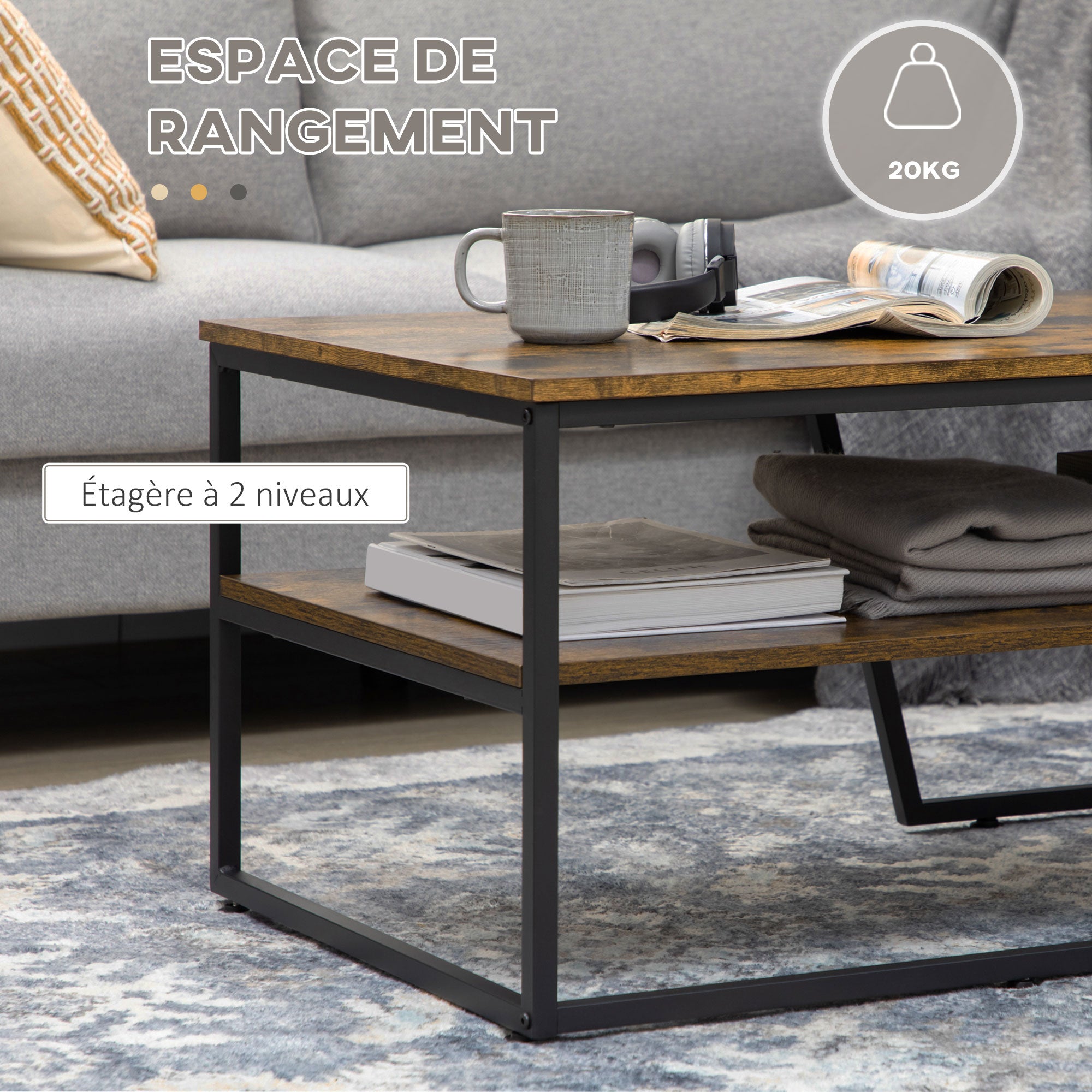 Rectangular Industrial Style Coffee Table with 1 Shelf and 1 Storage Shelf - 106 x 55 x 45 cm