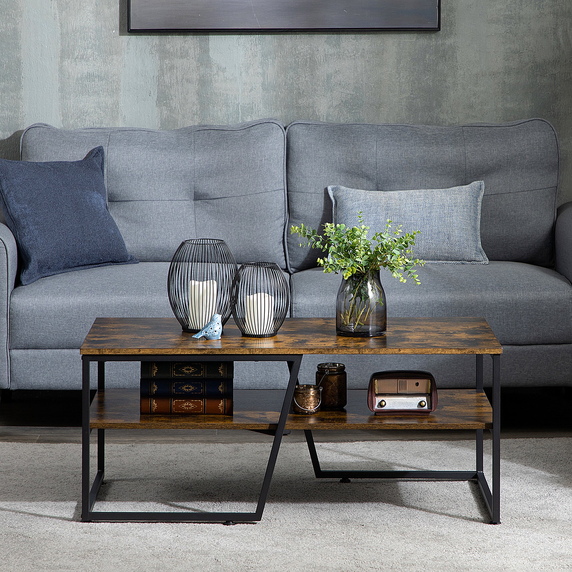 Rectangular Industrial Style Coffee Table with 1 Shelf and 1 Storage Shelf - 106 x 55 x 45 cm