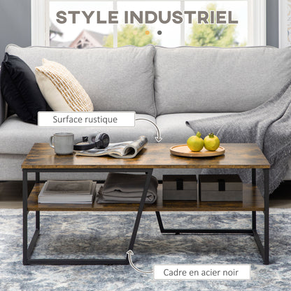 Rectangular Industrial Style Coffee Table with 1 Shelf and 1 Storage Shelf - 106 x 55 x 45 cm
