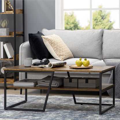 Rectangular Industrial Style Coffee Table with 1 Shelf and 1 Storage Shelf - 106 x 55 x 45 cm
