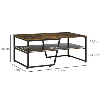 Rectangular Industrial Style Coffee Table with 1 Shelf and 1 Storage Shelf - 106 x 55 x 45 cm