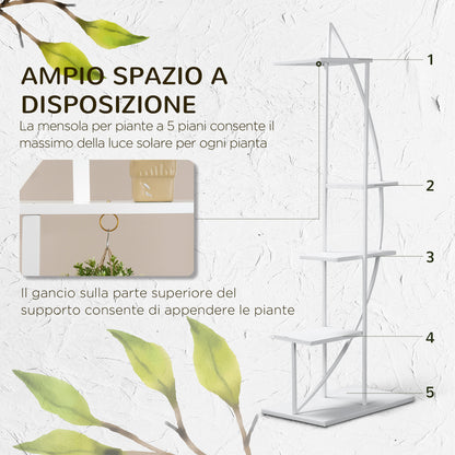 5-Tier Half-Moon Plant Stand, Flower Stand for Indoor and Outdoor in MDF and Steel, 50x30x160 cm, White