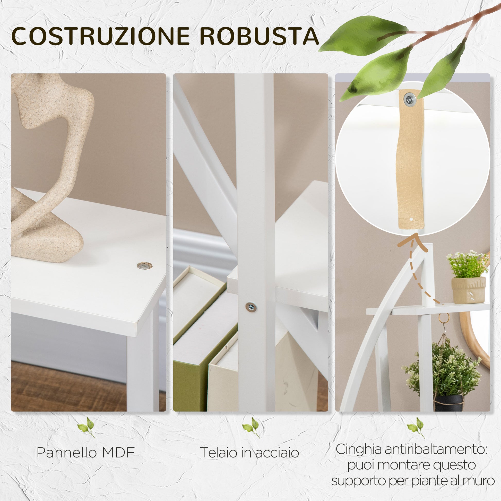 5-Tier Half-Moon Plant Stand, Flower Stand for Indoor and Outdoor in MDF and Steel, 50x30x160 cm, White