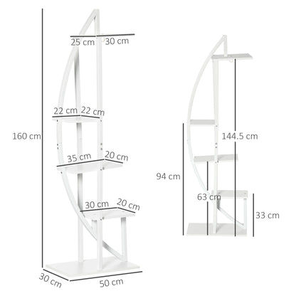 5-Tier Half-Moon Plant Stand, Flower Stand for Indoor and Outdoor in MDF and Steel, 50x30x160 cm, White