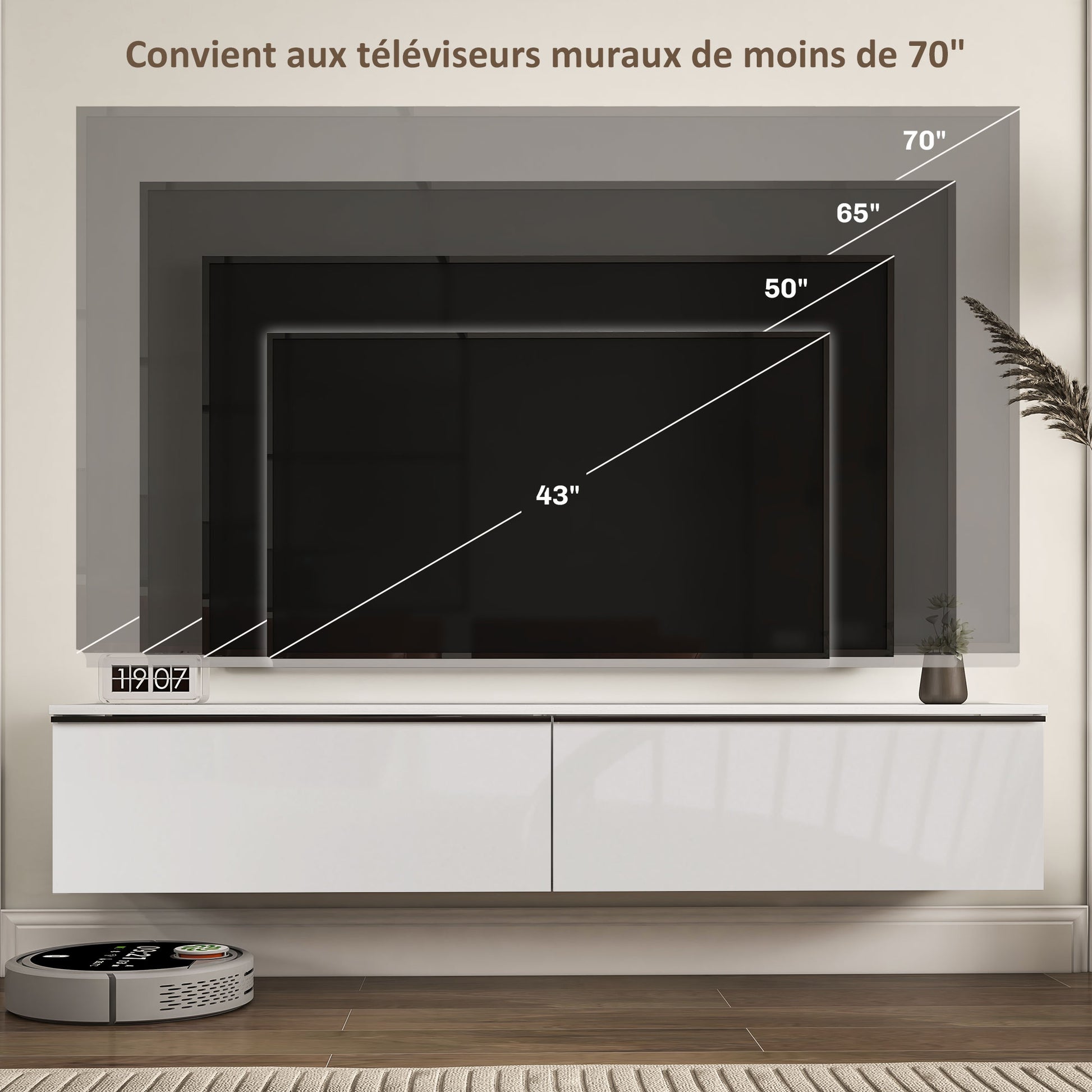 Wall Mounted TV Stand Wood TV Console TV Cabinet for TVs up to 70 inches with Glossy Effect Doors Cabinet, for Living Room Bedroom, 160 x 35 x 30 cm, White