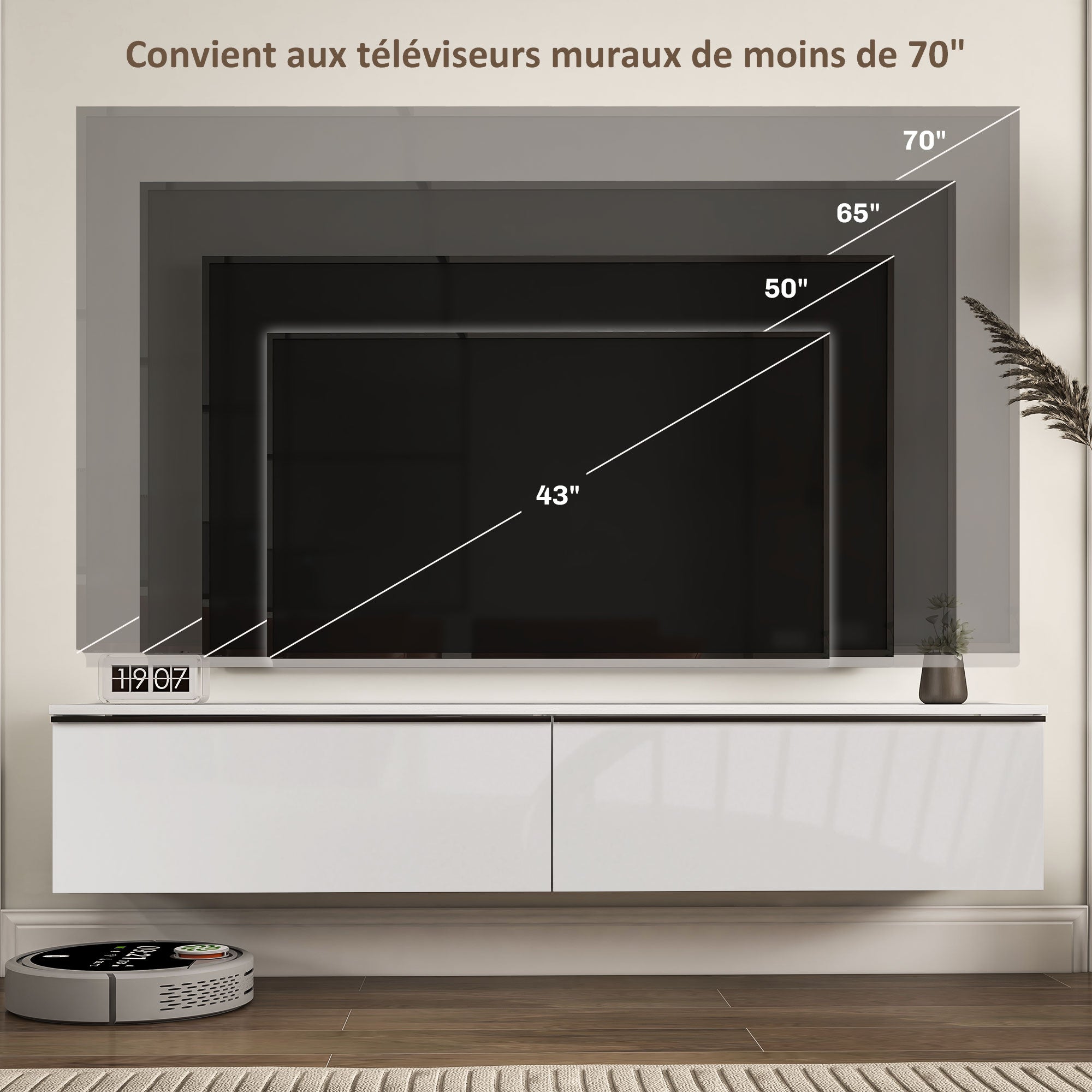 Wall Mounted TV Stand Wood TV Console TV Cabinet for TVs up to 70 inches with Glossy Effect Doors Cabinet, for Living Room Bedroom, 160 x 35 x 30 cm, White