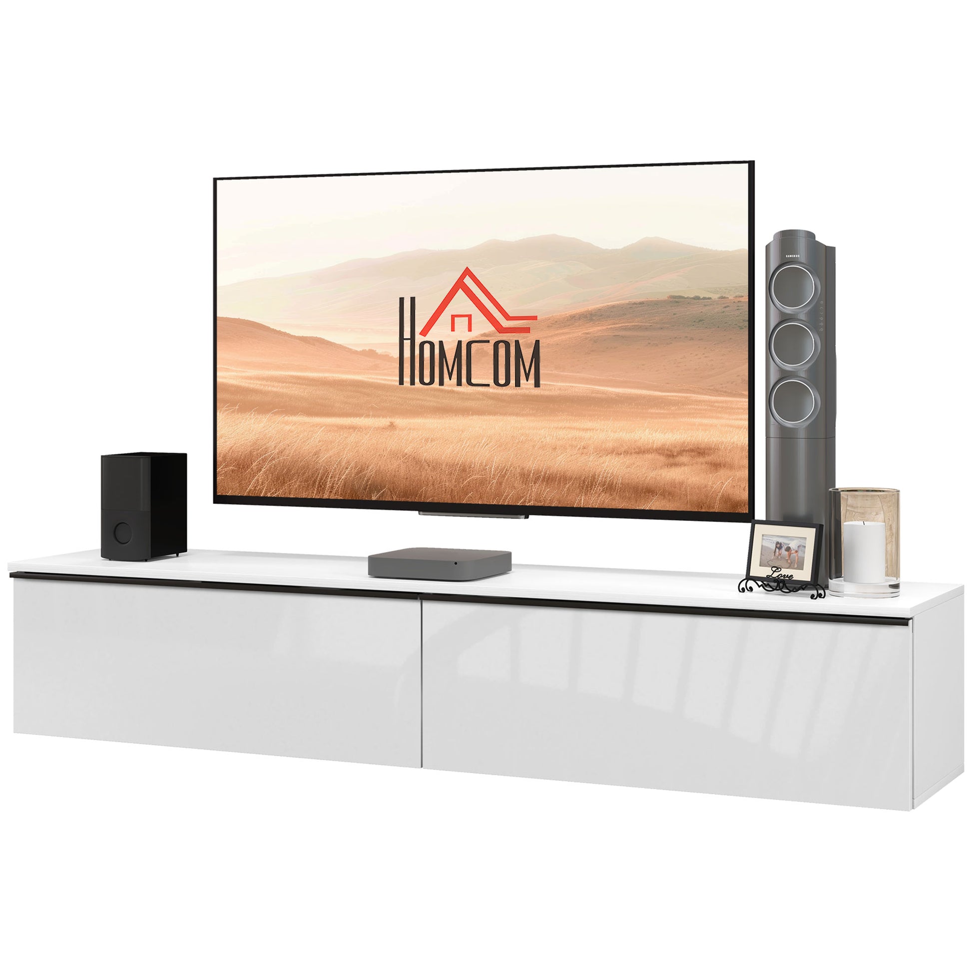 Wall Mounted TV Stand Wood TV Console TV Cabinet for TVs up to 70 inches with Glossy Effect Doors Cabinet, for Living Room Bedroom, 160 x 35 x 30 cm, White