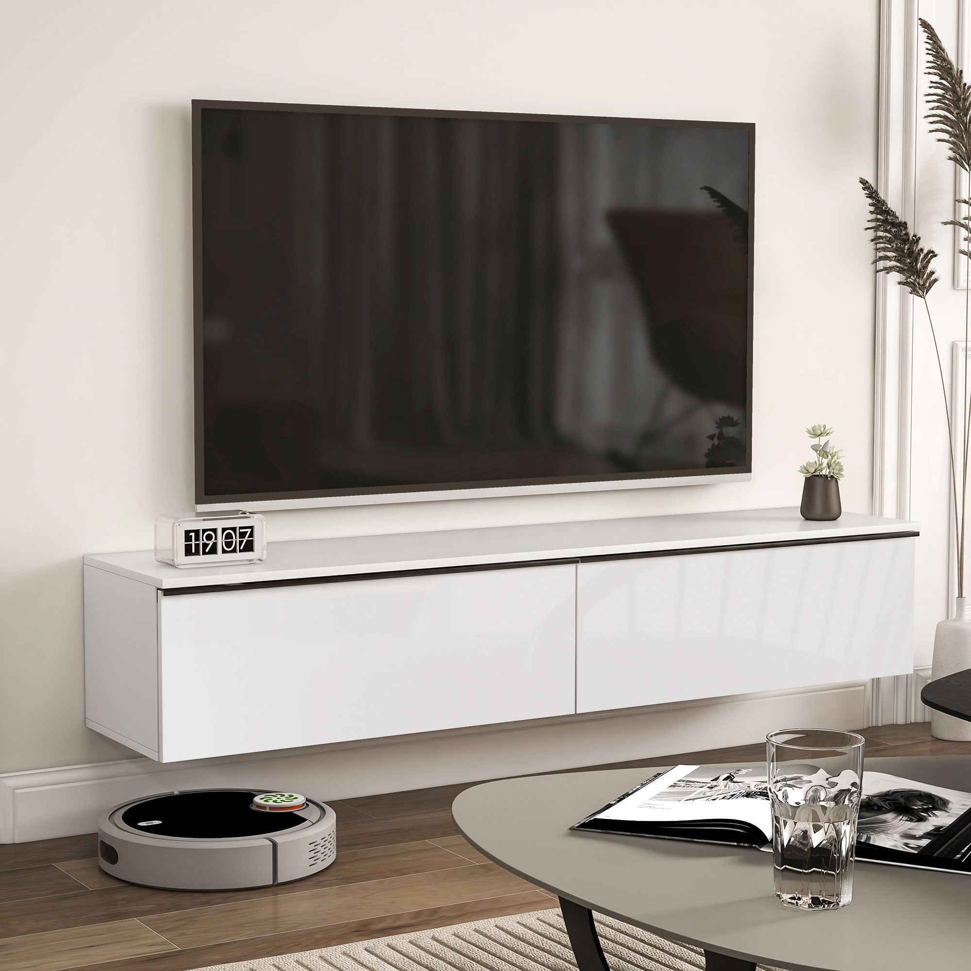 Wall Mounted TV Stand Wood TV Console TV Cabinet for TVs up to 70 inches with Glossy Effect Doors Cabinet, for Living Room Bedroom, 160 x 35 x 30 cm, White