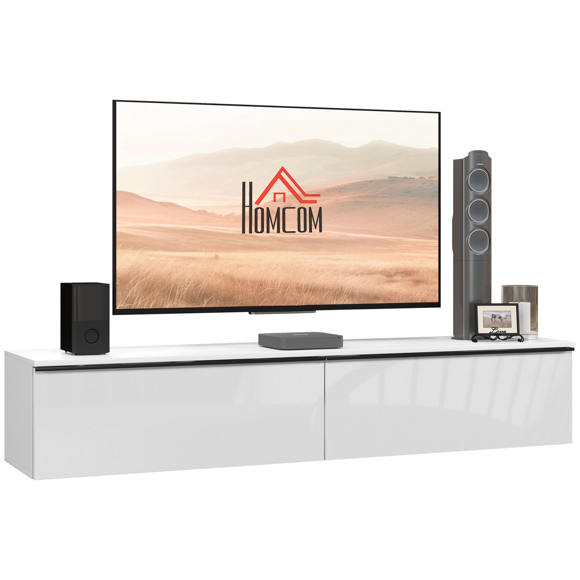 Wall Mounted TV Stand Wood TV Console TV Cabinet for TVs up to 70 inches with Glossy Effect Doors Cabinet, for Living Room Bedroom, 160 x 35 x 30 cm, White