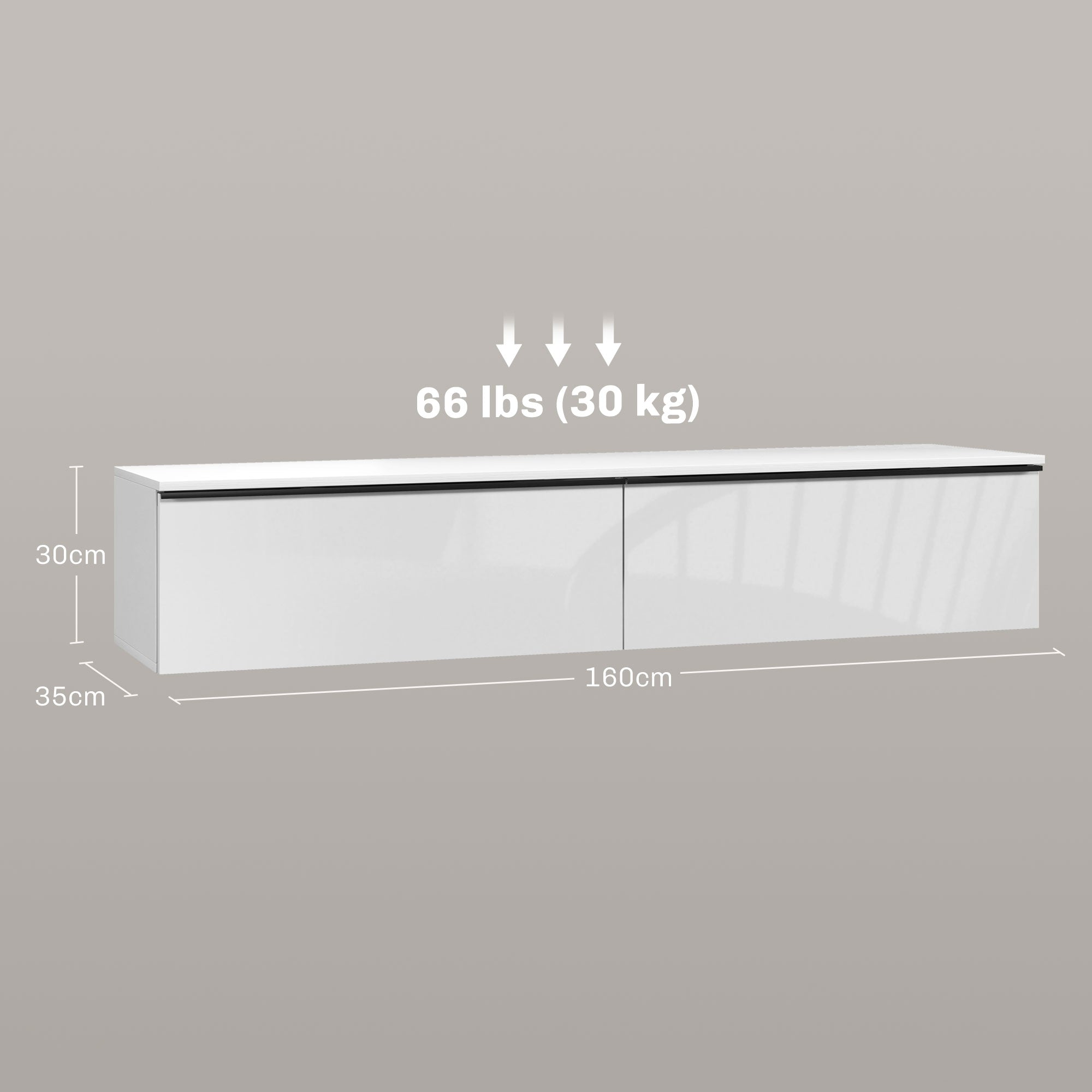 Wall Mounted TV Stand Wood TV Console TV Cabinet for TVs up to 70 inches with Glossy Effect Doors Cabinet, for Living Room Bedroom, 160 x 35 x 30 cm, White