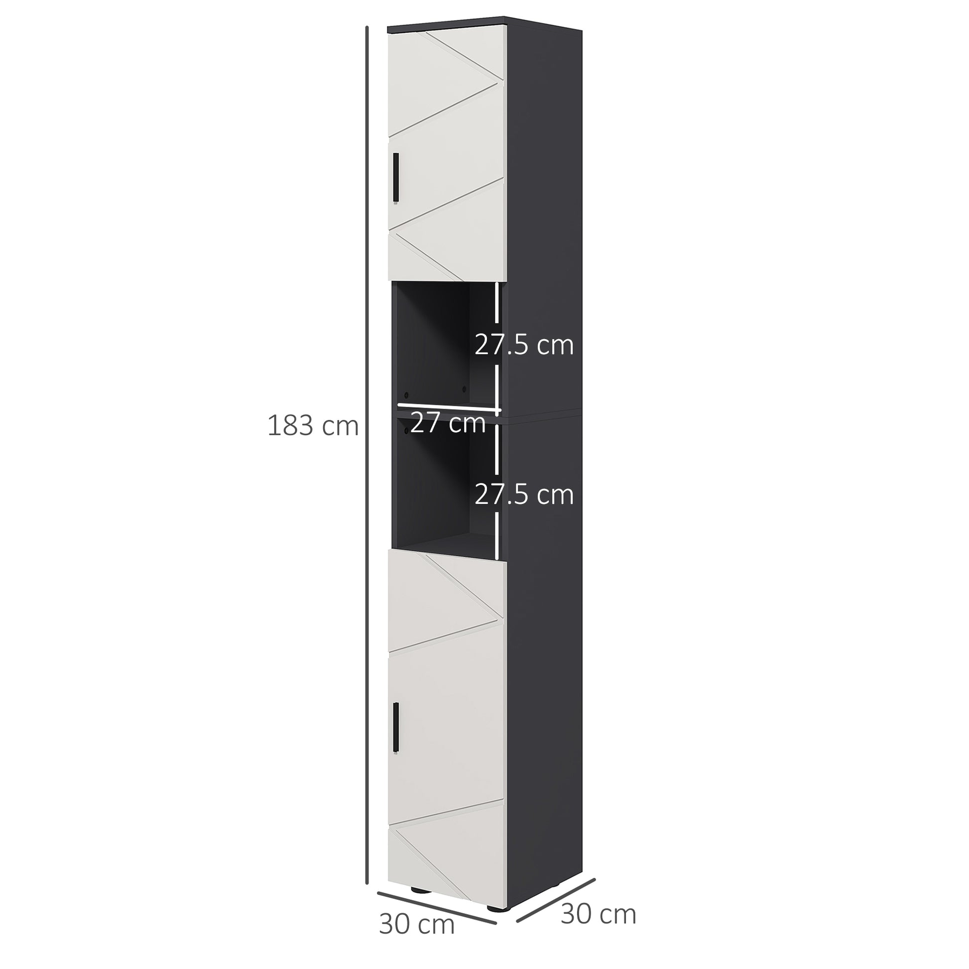 Chipboard Bathroom Column with 2 Open Shelves and 2 Adjustable 2-Level Cabinets, 30x30x183 cm, Light Gray and Dark Gray