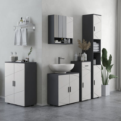 Chipboard Bathroom Column with 2 Open Shelves and 2 Adjustable 2-Level Cabinets, 30x30x183 cm, Light Gray and Dark Gray