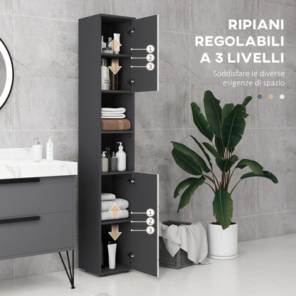 Chipboard Bathroom Column with 2 Open Shelves and 2 Adjustable 2-Level Cabinets, 30x30x183 cm, Light Gray and Dark Gray
