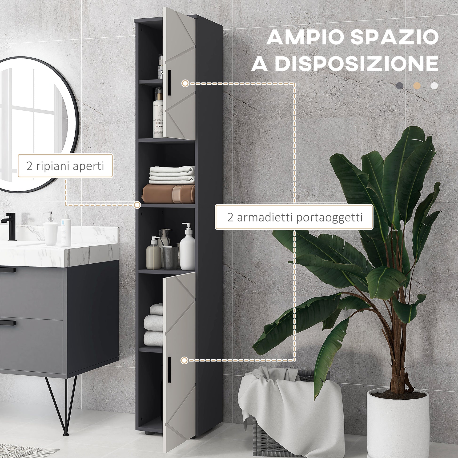 Chipboard Bathroom Column with 2 Open Shelves and 2 Adjustable 2-Level Cabinets, 30x30x183 cm, Light Gray and Dark Gray