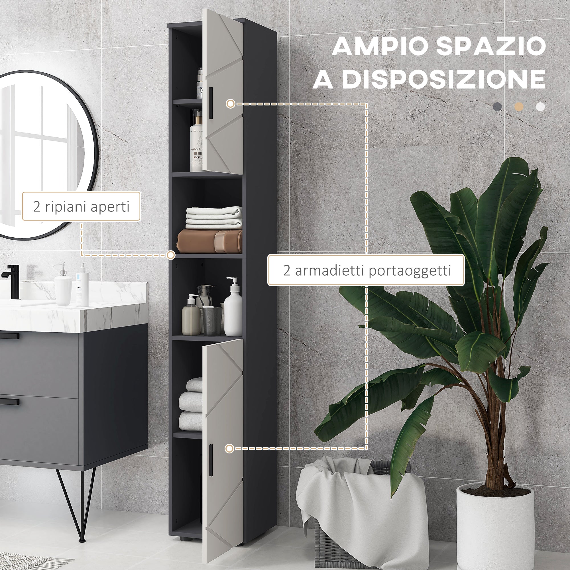 Chipboard Bathroom Column with 2 Open Shelves and 2 Adjustable 2-Level Cabinets, 30x30x183 cm, Light Gray and Dark Gray
