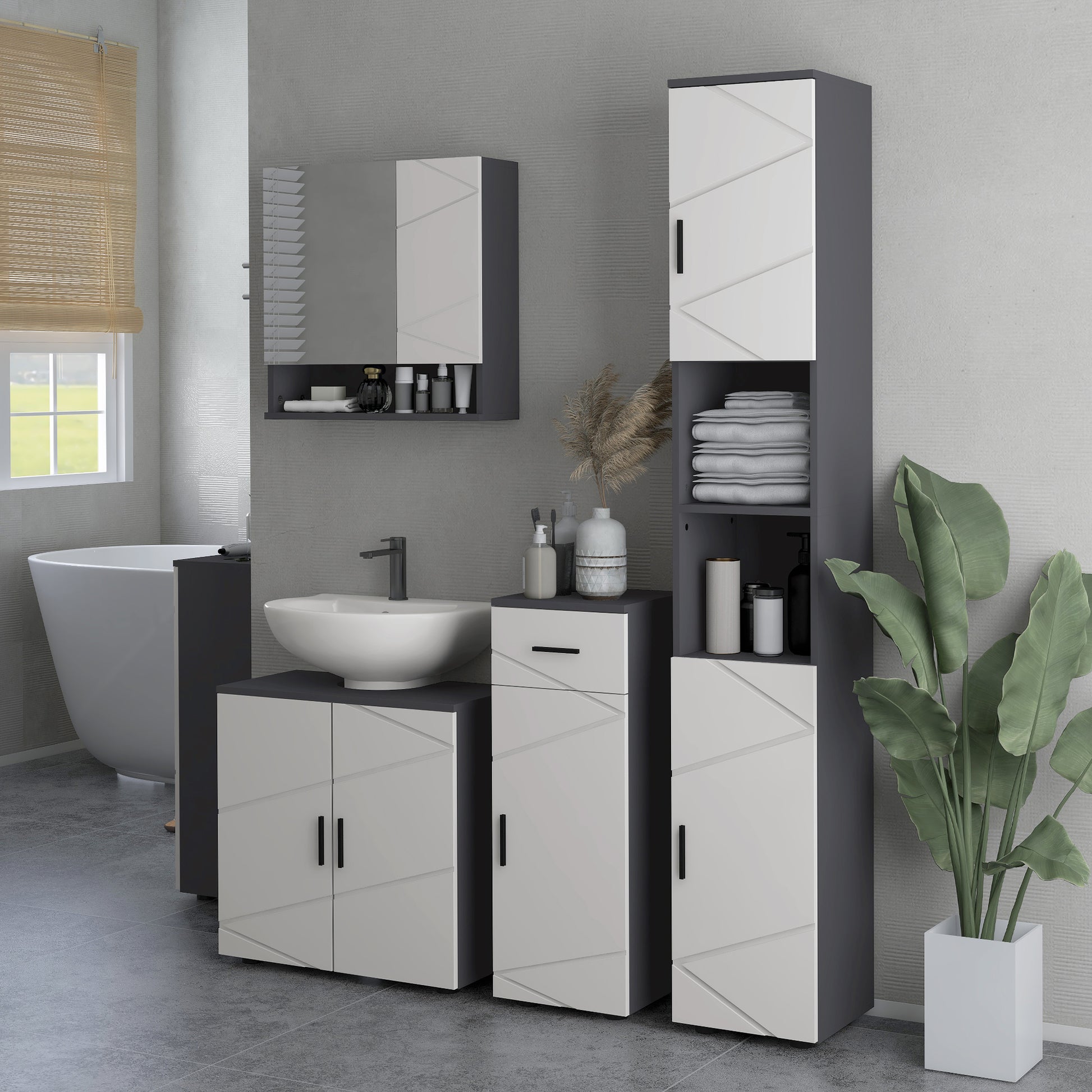 Chipboard Bathroom Column with 2 Open Shelves and 2 Adjustable 2-Level Cabinets, 30x30x183 cm, Light Gray and Dark Gray