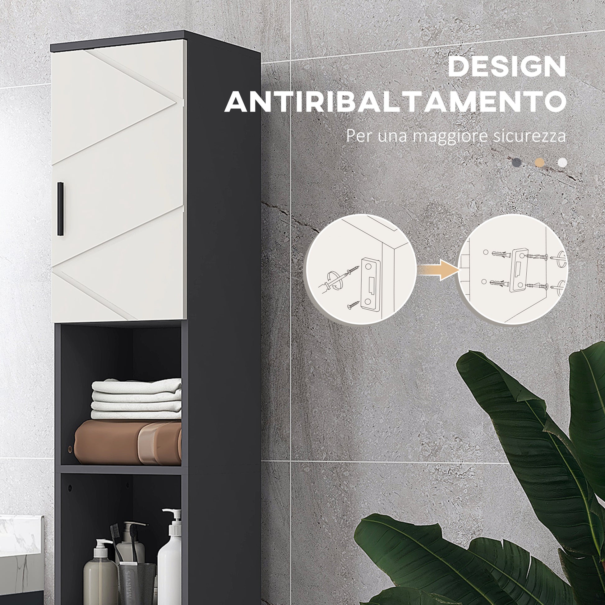 Chipboard Bathroom Column with 2 Open Shelves and 2 Adjustable 2-Level Cabinets, 30x30x183 cm, Light Gray and Dark Gray
