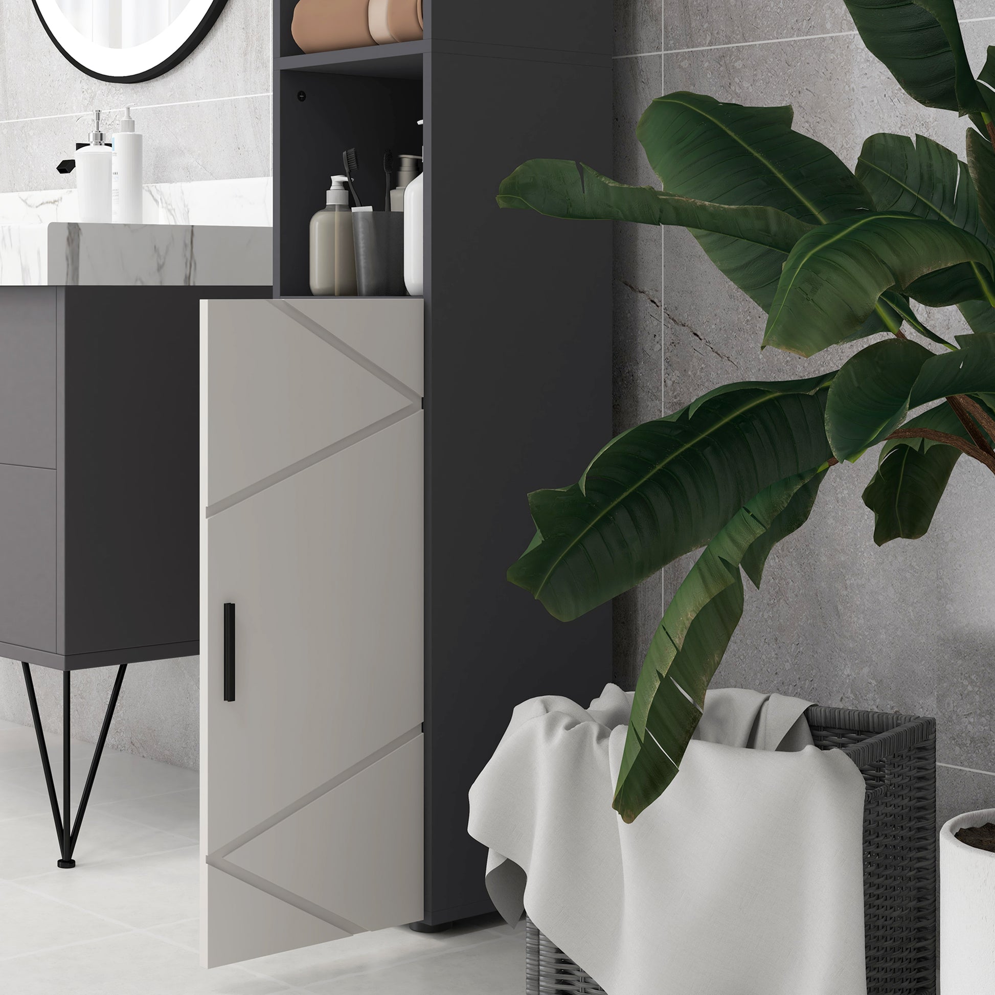 Chipboard Bathroom Column with 2 Open Shelves and 2 Adjustable 2-Level Cabinets, 30x30x183 cm, Light Gray and Dark Gray