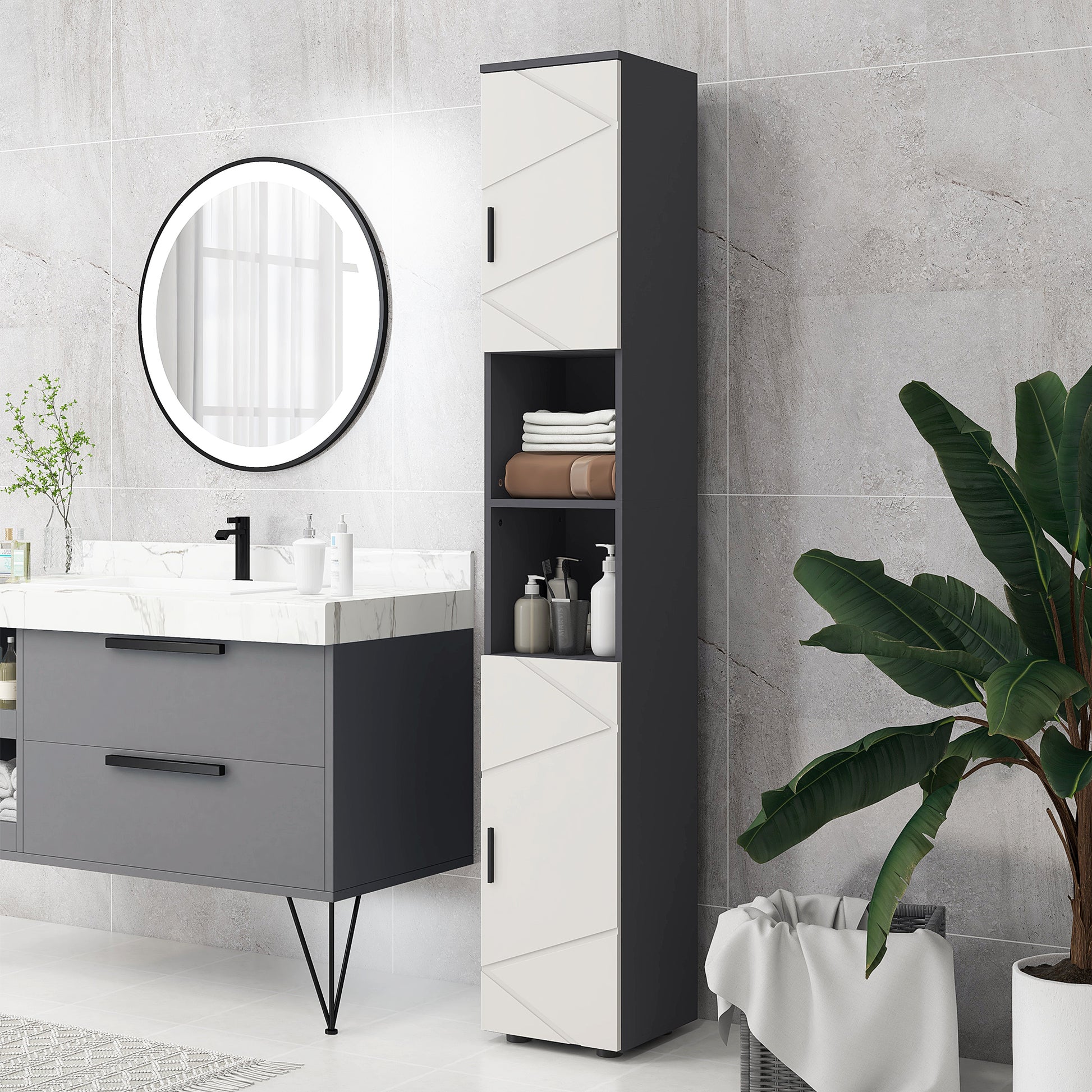 Chipboard Bathroom Column with 2 Open Shelves and 2 Adjustable 2-Level Cabinets, 30x30x183 cm, Light Gray and Dark Gray