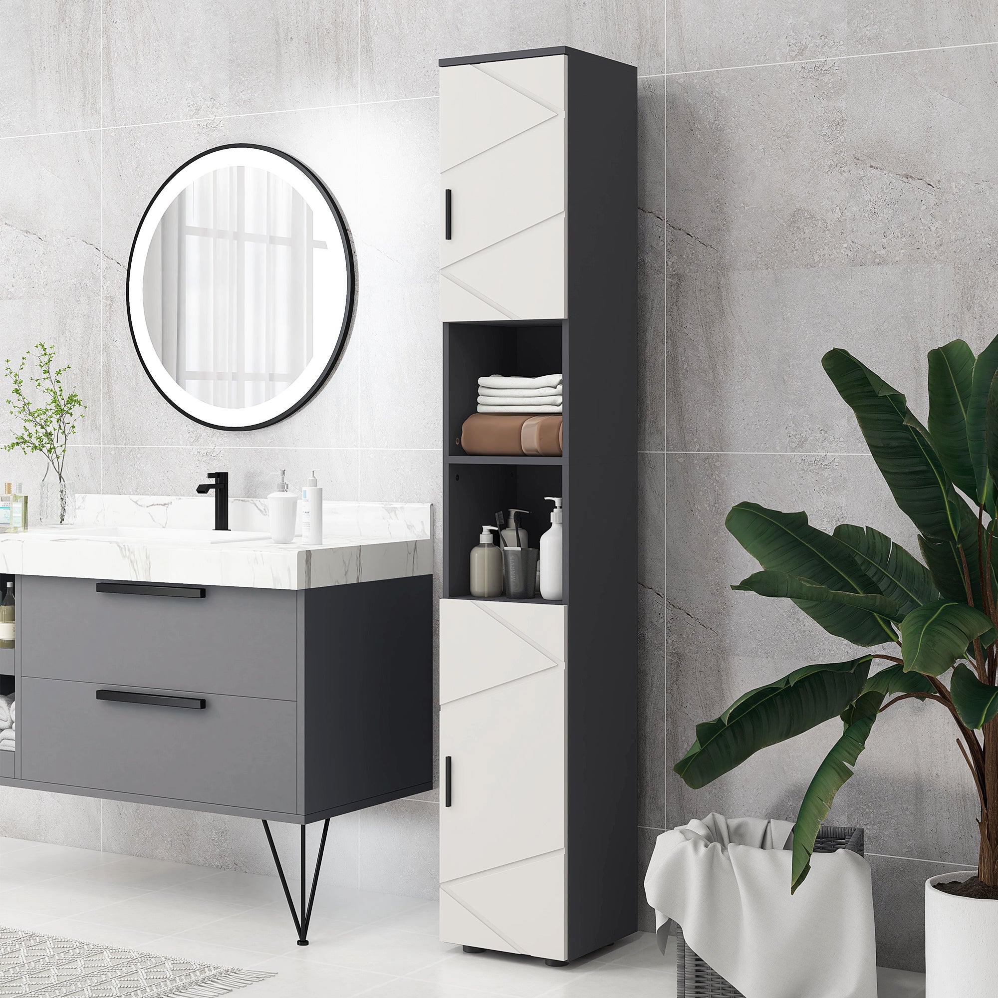 Chipboard Bathroom Column with 2 Open Shelves and 2 Adjustable 2-Level Cabinets, 30x30x183 cm, Light Gray and Dark Gray