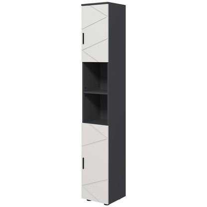 Chipboard Bathroom Column with 2 Open Shelves and 2 Adjustable 2-Level Cabinets, 30x30x183 cm, Light Gray and Dark Gray