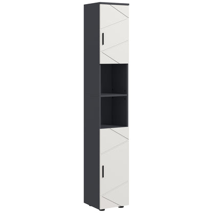 Chipboard Bathroom Column with 2 Open Shelves and 2 Adjustable 2-Level Cabinets, 30x30x183 cm, Light Gray and Dark Gray